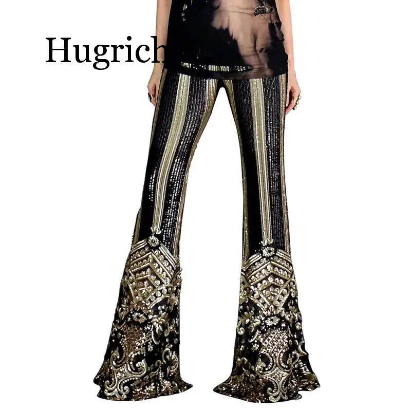

2020 High Waist Elastic Multicolor Striped Floral Sequins Flares Pants for Woman Party Night Lady Glitter Bell-bottomed Pants