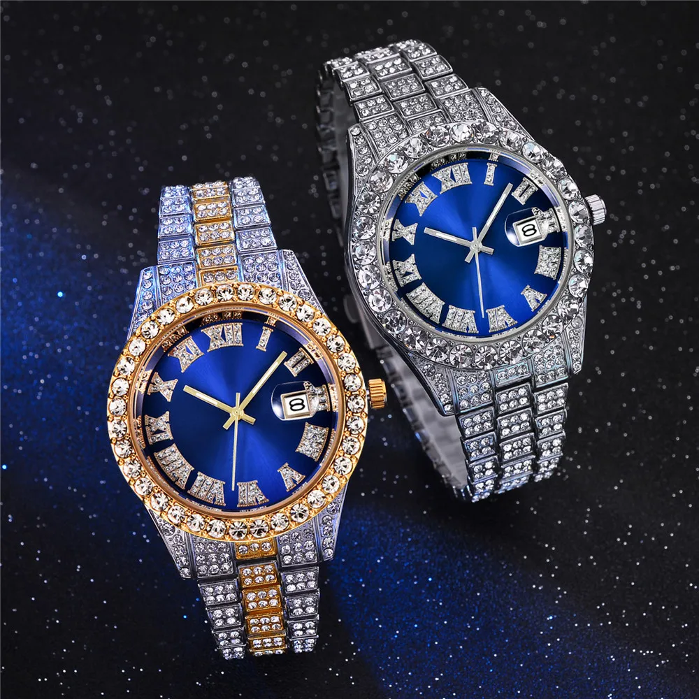 Iced Out Cubic Zirconia Watches Blue Face Hip Hop Fashion High Quality AAA Diamond Bracelet Stainless Steel Quartz Watch For Men