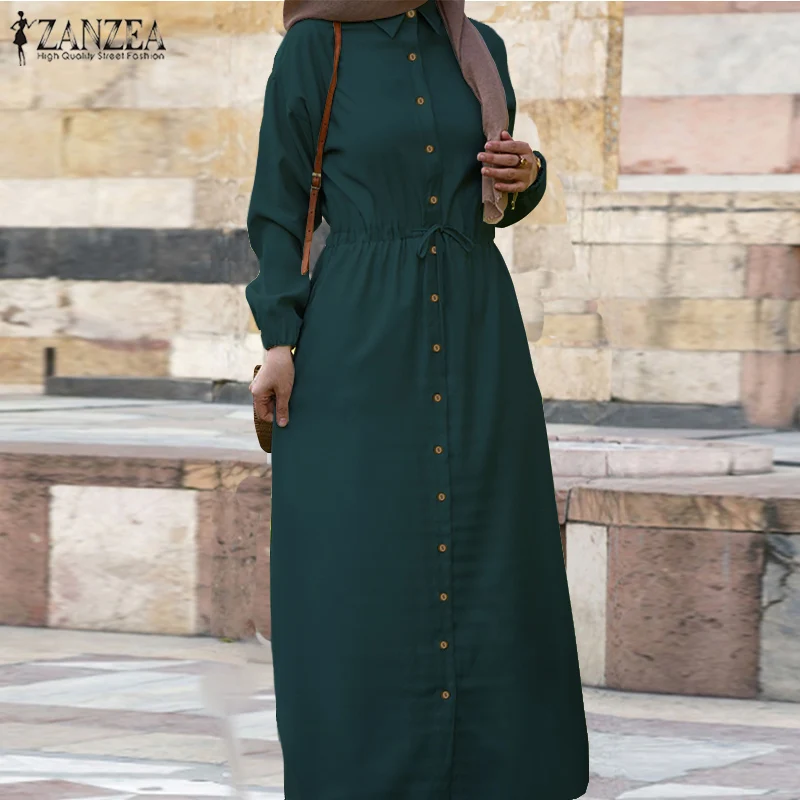 Retro Muslim Shirt Dress Womens Puff Sleeve Sundress ZANZEA 2020 Casual Drawstring Maxi Vestidos Female Button Robe Oversized