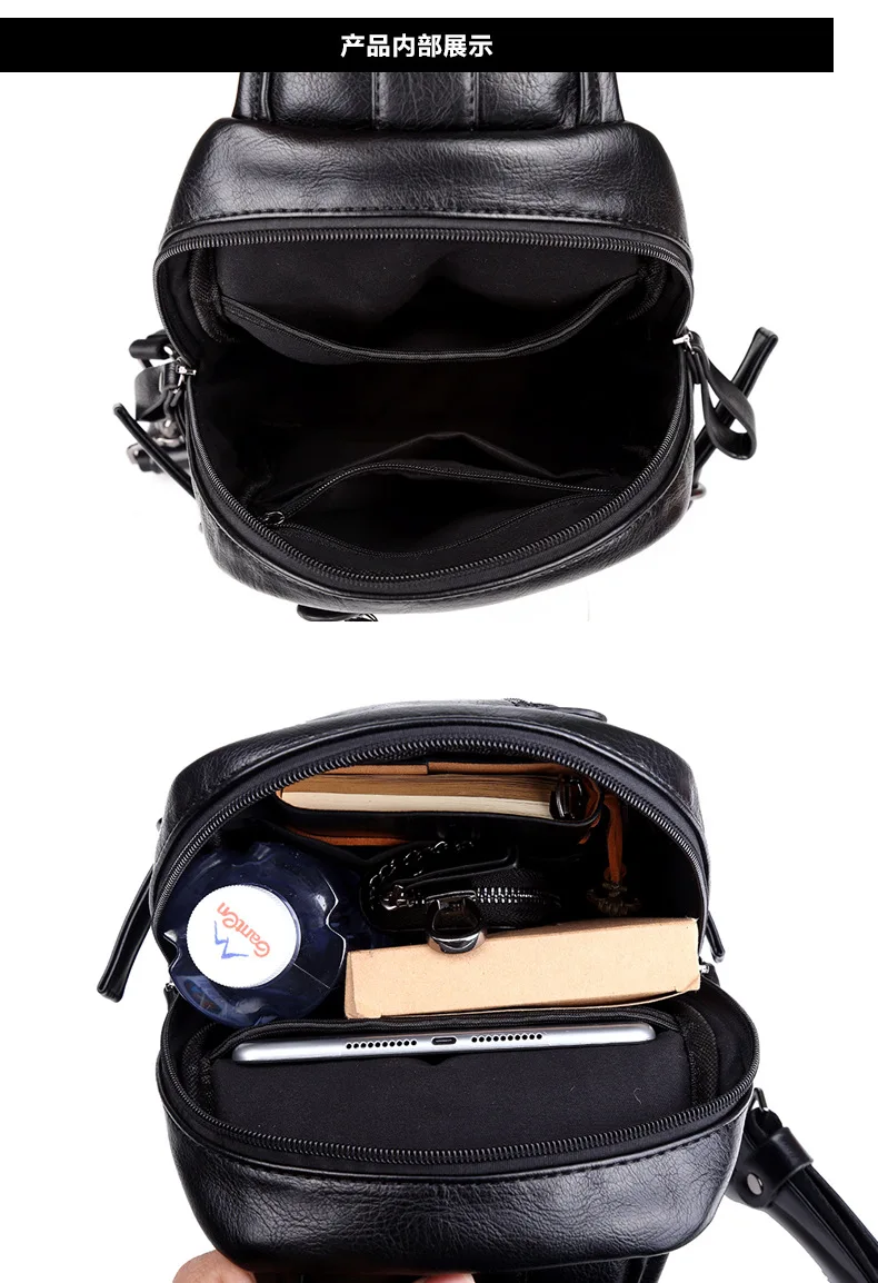 Multifunction Black Men Leather Chest Bag Waterproof Shoulder Bag Crossbody Bag Luxury Chest Bag for Man Traval Messenger Pack