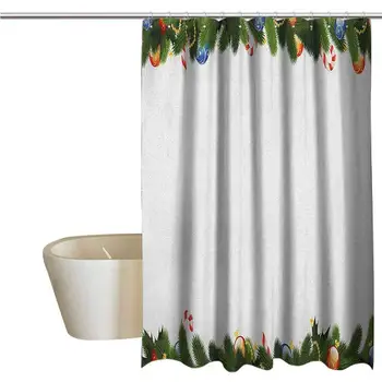 

New Year Extra Long Shower Curtain Fir Tree Branches with Christmas Theme Candy Canes Baubles Festive Winter Holiday Mildew