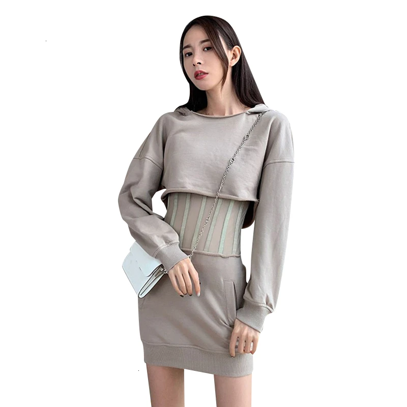 TWOTWINSTYLE корейский стиль, лоскутные платья для женщин, с капюшоном, фонарь, длинный рукав, высокая талия, мини платья для женщин,, осенняя мода, новинка