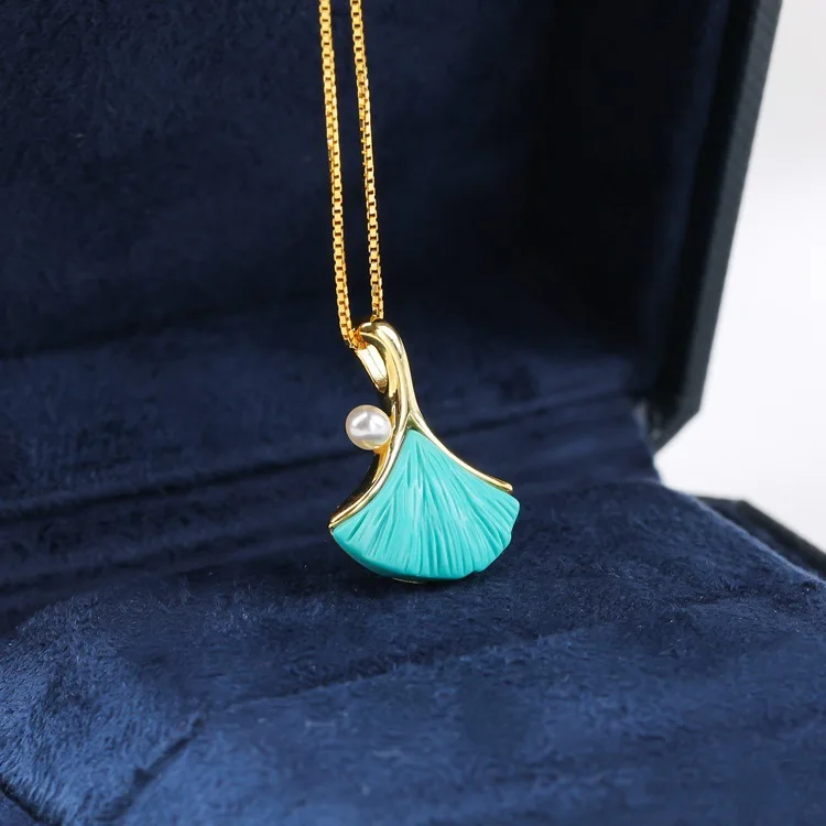 

CMajor Solid Silver with Gold Plated Jewelry Turquoise Ginkgo Leaves Pearl 925 sterling Silver Necklace for Women