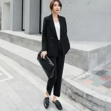 Vintage Black Women Suits Double Breasted Female Pant Suits Notched Blazer Jacket & Pencil Pant Casual 2 Pieces Set Vintage Black Women Suits Double Breasted Female Pant Suits Notched Blazer Jacket & Pencil Pant Casual 2 Pieces Set