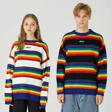 MERRY PRETTY женские и мужские радужные полосатые трикотажные свитера с вышитыми буквами пуловер зимний Свободный джемпер с круглым вырезом свитер для пары