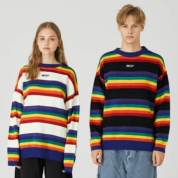 

MERRY PRETTY Women Man Rainbow striped Knitted Sweaters Letter Embroidery Pullover Winter O-Neck Loose Jumpers Couple sweater