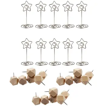 

10Pcs Metal Star Table Number Photo Holder Stands & 18Pcs Geometric Wood Decorative Push Pins