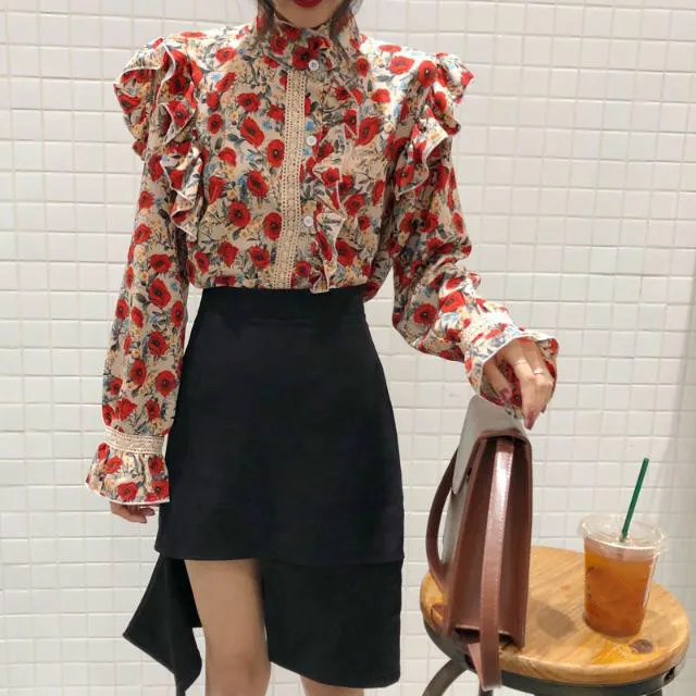 Women 2020 spring Vintage Floral Shirt Long Puff Sleeve Stanf Neck Blouse Single Breasted female Korean Elegant Blusas Tops 2