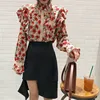 Women 2020 spring Vintage Floral Shirt Long Puff Sleeve Stanf Neck Blouse Single Breasted female Korean Elegant Blusas Tops 2