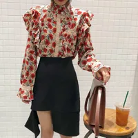 Women 2020 spring Vintage Floral Shirt Long Puff Sleeve Stanf Neck Blouse Single Breasted female Korean Elegant Blusas Tops 2