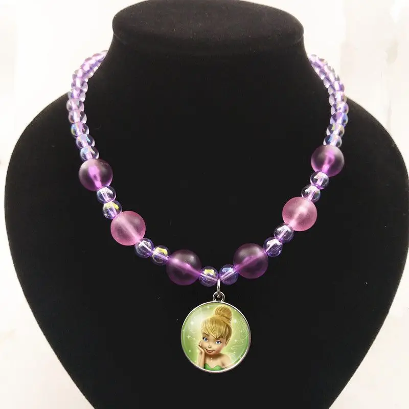 purple 8 Crystal Cabochon Princess Elsa Anna Snow Queen Pendant Necklace For Girls Cartoon Dolls Bead Necklace For Kid's Birthday Gift - Metal Color: purple 8