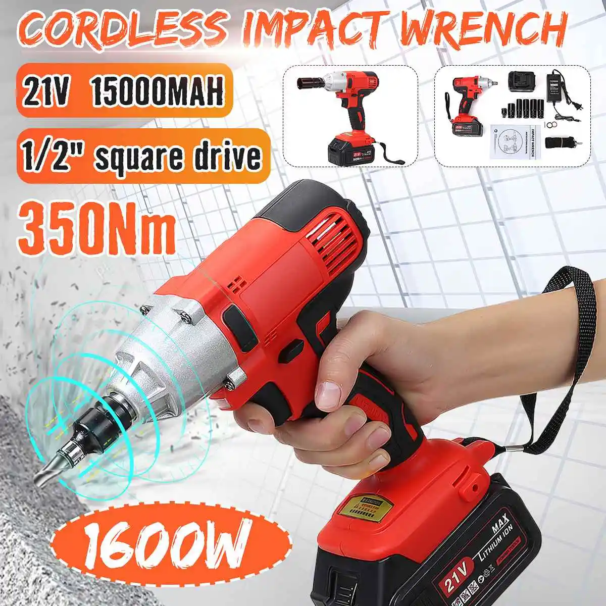 

1600W 350N.m Brushless Electric Wrench Impact Socket Wrench 21V 15000mah Li Battery Hand Power Drill Installation+Charger