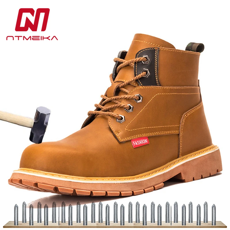 

Men Yellow Genuine Leather Work Boots Work Safety Shoes Steel Toe Breathable Waterproof Boots Men Plus Size 38-48
