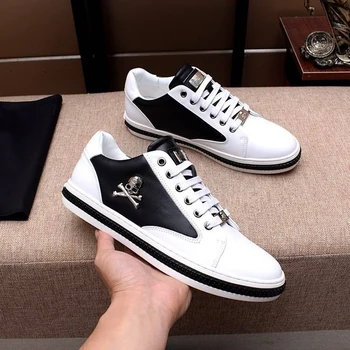 

starbags pp original skull head hardware logo new genuine leather flat sole men's shoes crocodile grain head layer cow leather