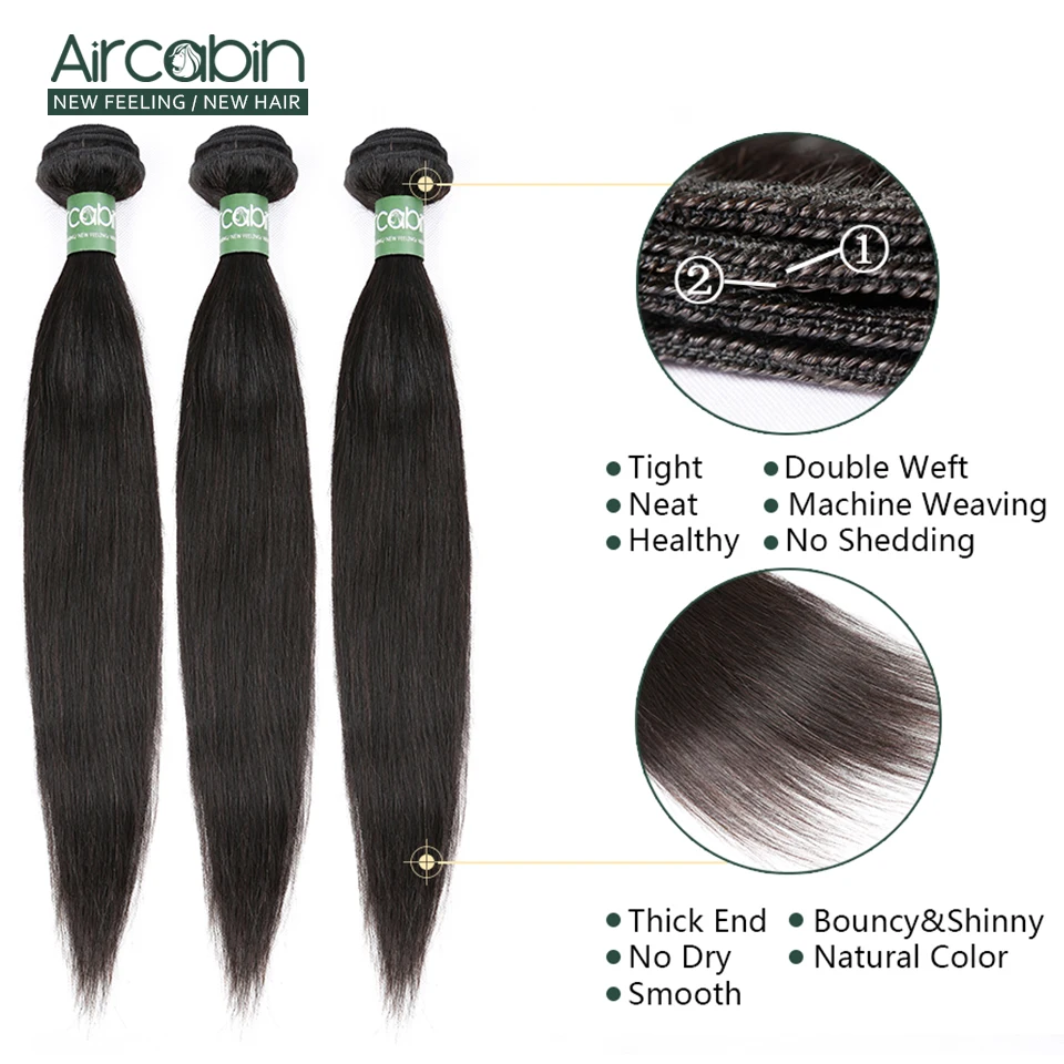 Aircabin прямые пучки волос с закрытием индийский волос Remy Weave Связки и кружева закрытия для наращивания натуральный черный