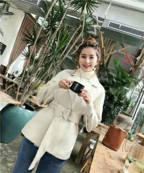 Woman Short Woolen Coat Belt Jacket