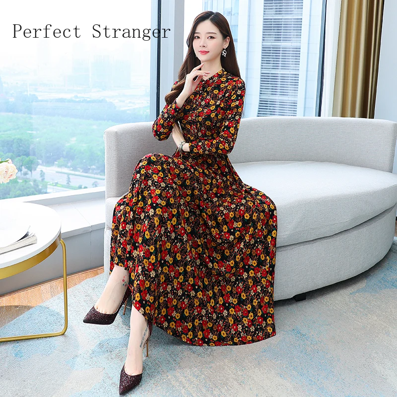 2021 Autumn New Arrival Hot Sale Stand Collar Flower Printed Long Sleeve Knitting Cotton A-LINE Mid-Calf Long Dress