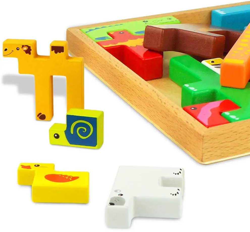 Wooden Tetris Puzzle Toys 3D Animal Set Kids  Educational Stack Shapes Brain Teasers Preschool Chunky Montessori Toy Game