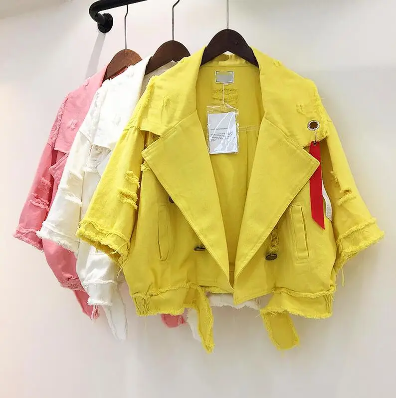 

2019 Spring New Fashion Women's Solid Color Short Denim Jacket Candy Color Lapel Hole Ripped Ribbon Jeans Coat Loose Outwear