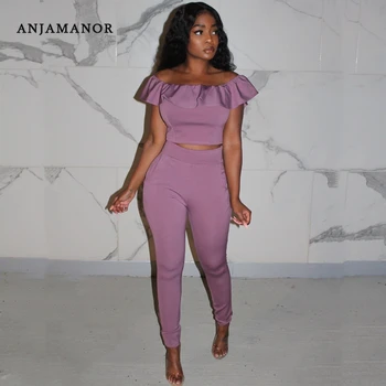 

ANJAMANOR 2020 Summer Sexy Two Piece Set for Women Ruffles Off Shoulder Crop Top Pants Matching Sets Club Outfits D35-AE36