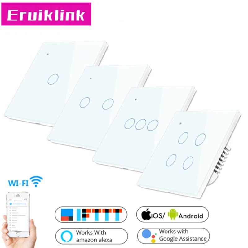

UK/EU Standard Tuya APP Control Light Switch,1/2/3/4 Gang Wifi Wall Touch Switch Work With Alexa Google Home