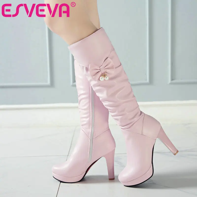 

ESVEVA 2020 Shoes Women Knee-high Boots Square High Heel Winter PU Leather Boots Shoes Winter Motorcycle Boots Size 34-43