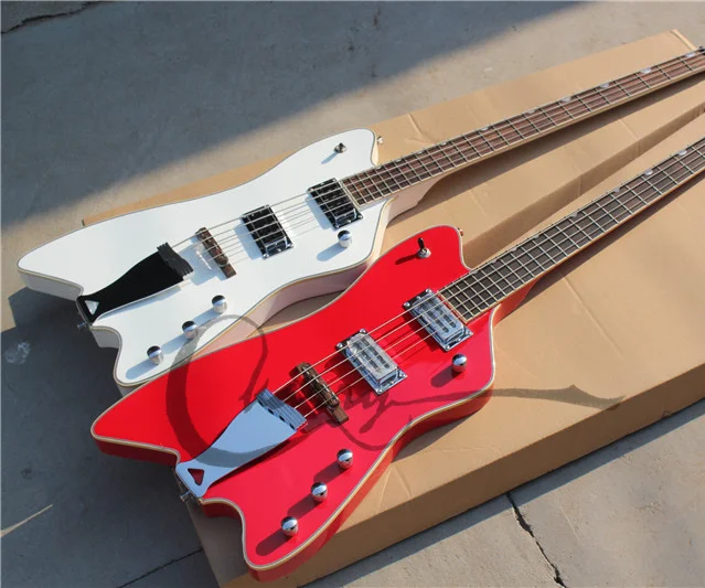 

4 string electric bass guitar,irregular body,white red bass,white binding fixed bridge,HH pickups,chrome buttons
