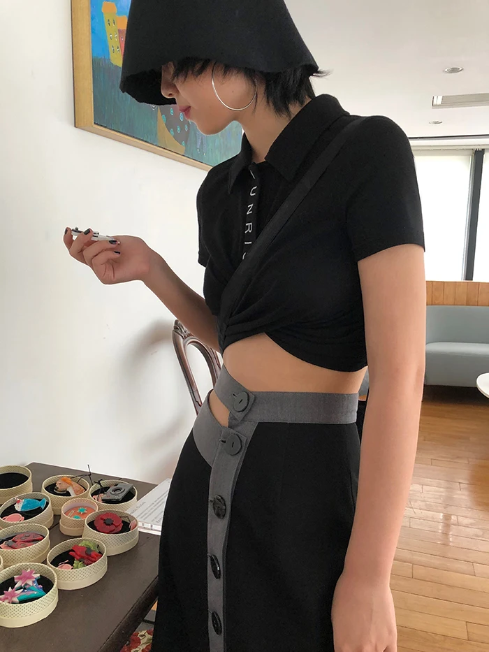 [DEAT] Knited Multi-buckle Hit Color High Elastic Waist Half-body Skirt Women Fashion Tide New Spring Summer 2020 13T204