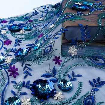 

Luxury Three-dimensional Embroidered Fabrics, Delicate Embroidery, Beaded Flowers, Lace Fabrics, Royal Blue
