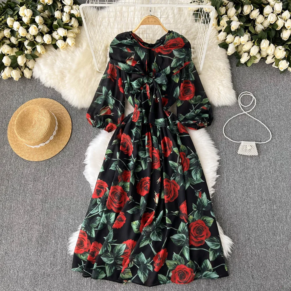 

French Floral Print Dress Women Sicilian Roses Lantern Sleeve Midi Long Dresses Pleated A Line Bowknot Maxi Dress Autumn Winter