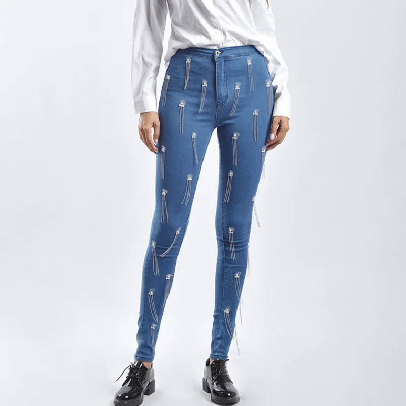 

Designer Luxury Pearl Jeans Tassel Push Up Slim Femme Stretch High Waist Blue Denim Skinny Pants Fall Woman Clothing Sale Items