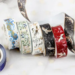 Étiquette autocollante pour Scrapbooking, 1 pièce, style chinois rétro, or, motif grue, doré, Washi, ruban de masquage, fournitures scolaires et de bureau 