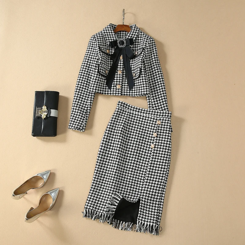 

Winter Designer Houndstooth Wool Suit Elegant Diamond Bow Gold Single Breasted Short Tweed Jacket Coat+Tassel Pencil Skirt Suit