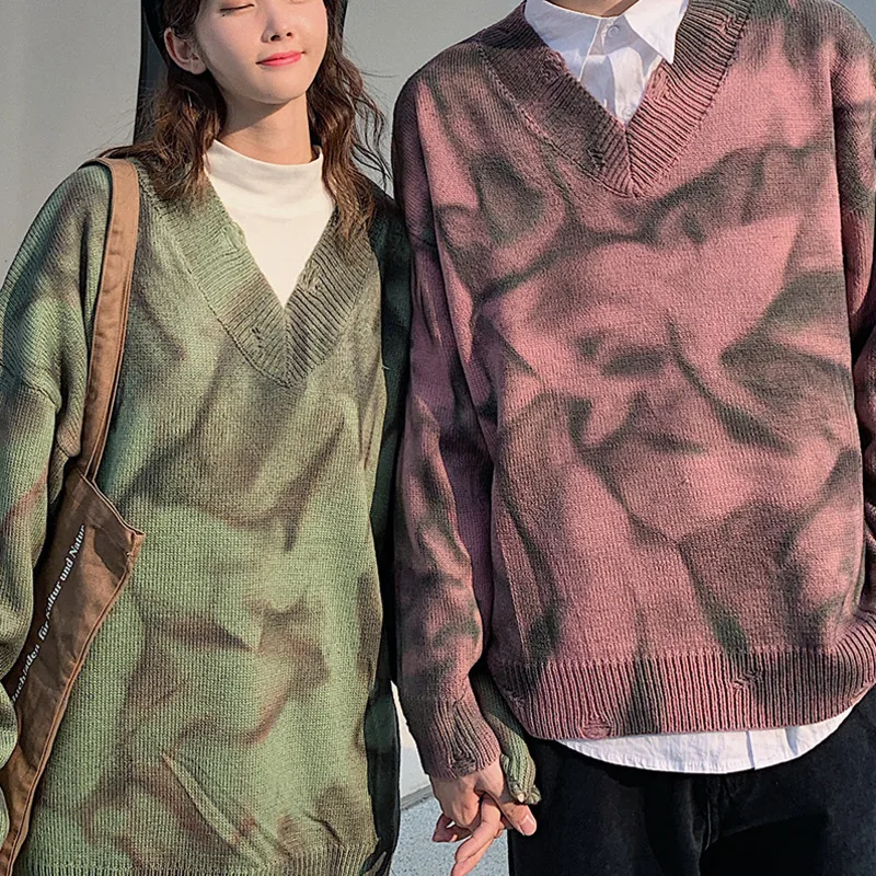 Autumn New Hole Sweater Men Fashion Printing Casual Sweaters V-neck Knit Sweter Man Loose Long-sleeved Pullover Men Clothes