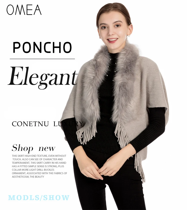 OMEA Fur Collar Poncho Women Winter Knitted Pullover Poncho with Tassel Women Shawl Solid Color Female Ponchos and Capes Ladies