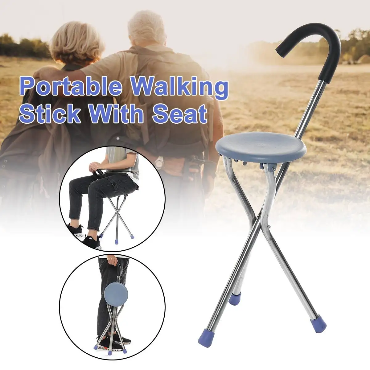 

Folding Iron Tripod Hiking Chair Portable Walking Stick With Plastic Seat Non Slip Feet High Quality Outdoor Tool