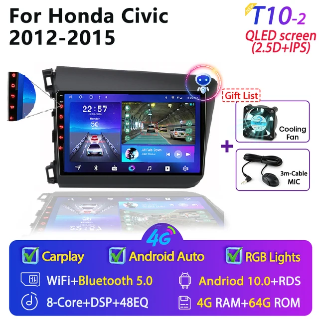 For Honda Civic 2012-2015 Android Car Radio 2 Din GPS navigation Multimedia Video Player RDS DSP 4G DVD Screen Floating stereo T10-2 4G 64G