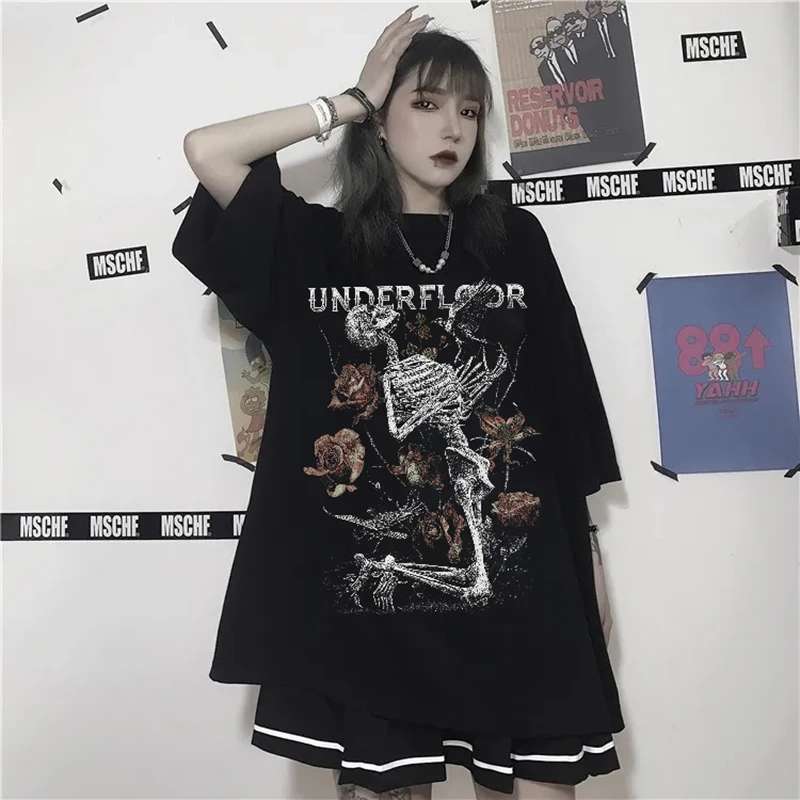 Women's T-shirt Harajuku Y2K Top Harajuku Retro Korean Style Black Demon Punk Gothic Anime Print Clothes Plus Size