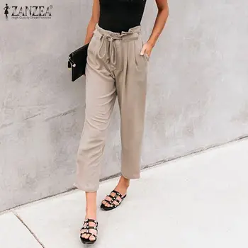 

Women Elegant Solid Pants ZANZEA Female High Elastic Waist Ruffles Long Trousers Casual Loose Pockets Long Bottoms Streetwear
