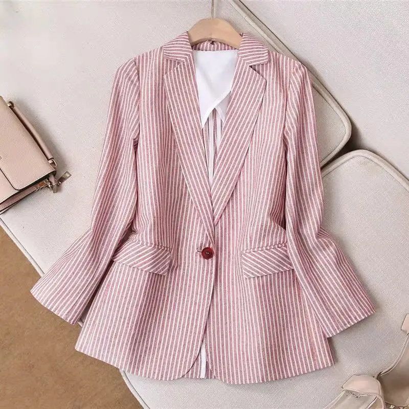 

Cotton Linen Small Suit Coat Women's Casual Korean-style 2019 Spring And Summer New Style Slim Fit Vertical Striped One-Button B