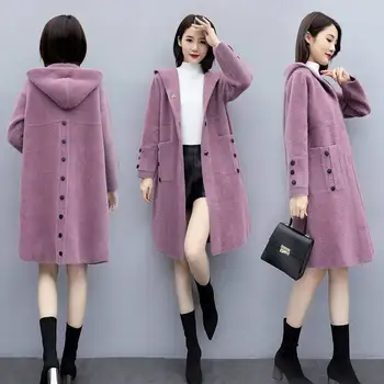 

Women 2020 Autumn Winter Loose Casual Hooded Imitation Mink Cashmere Knit Long Cardigan Sweater Female Thicken Warm Sweater G548