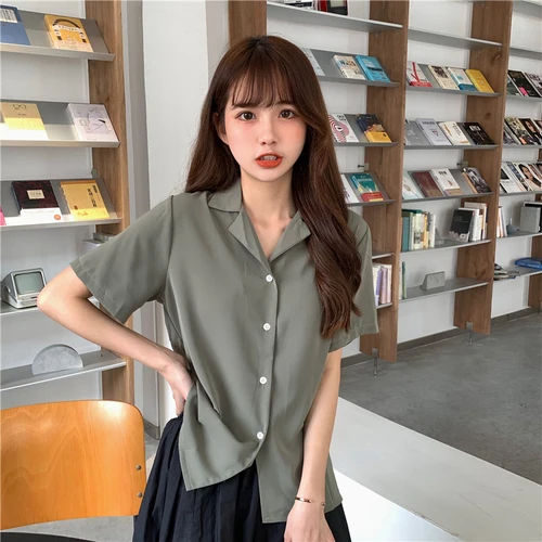 Turndown Collar Short Sleeve Chiffon Shirt Blouse Women 2020 Office Ol Overalls Shirt Casual Button Loose Summer Simple Tops grey green