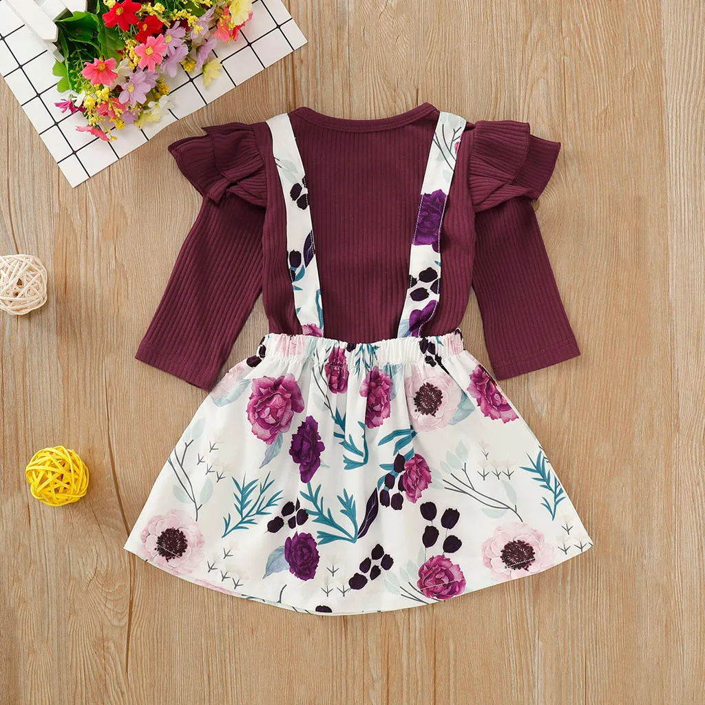 Топы с оборками и цветочным рисунком для маленьких девочек+ комбинезон с юбкой, одежда для малышей модный однотонный топ с длинными рукавами и круглым вырезом, одежда для маленьких девочек