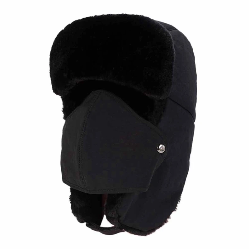 Зимняя шапка-бомбер пушистая Толстая теплая ветрозащитная унисекс маска для лица шапка, закрывающая уши аксессуары для верхней одежды - Цвет: Черный