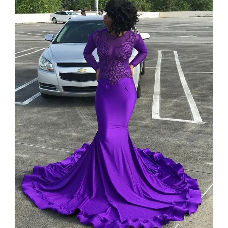 

Purple Long Sleeves Mermaid Prom Dresses 2019 Lace Appliques Formal Evening prom gown vestidos de gala formatura prom dress