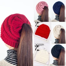 Зимняя теплая вязаная акриловая шапка Skullies для взрослых, Женский хвостик, лыжная шапка, 7 цветов