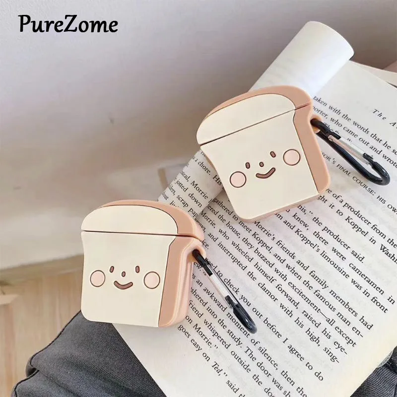 

Unique Toast Bread Pattern Protective Case Shockproof Soft Silicone Cover Skin Protector with Carabiner for Airpods 1/2 Charging