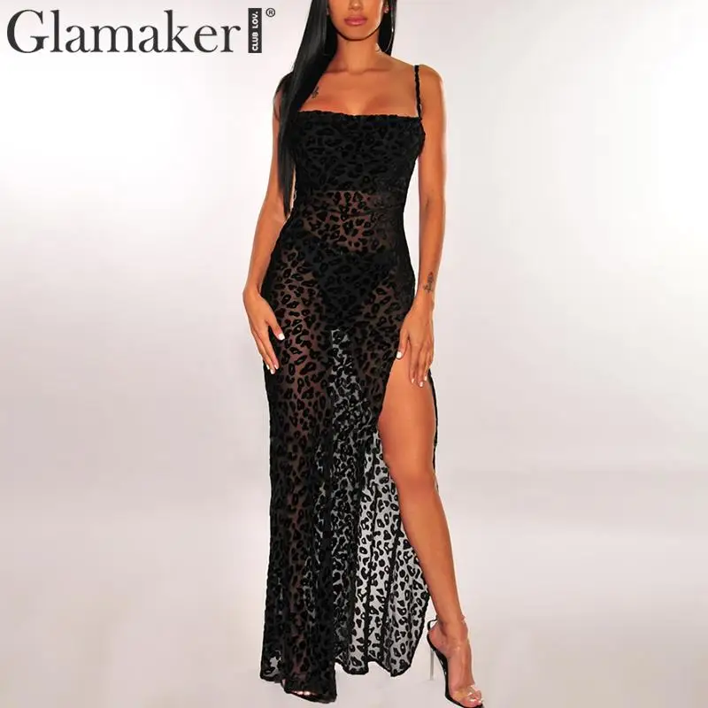 Glamaker, вязаное, леопардовое, с квадратным вырезом, элегантное платье, женское, с разрезом, высокая талия, длинное платье, для женщин, Осень-зима, вечерние, сексуальное платье