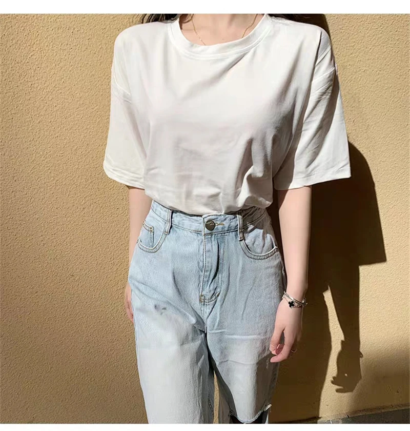 Hirsionsan Basic Cotton T Shirt Women Summer New Oversized Solid Tees 7 Color Casual Loose Tshirt Korean O Neck Female Tops