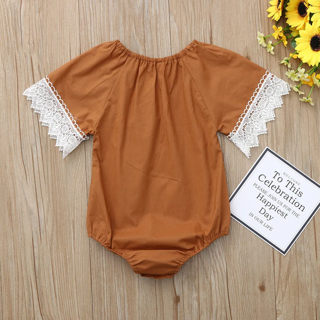 Summer Infant Baby Girls Fashion Jumpsuit Short Sleeve Lace Solid Print Romper Bodysuit Baby Clothes Jumpsuit Playsuit Outfits